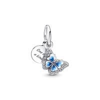 Pandora Moments Kék pillangó és idézet dupla ezüst függő charm