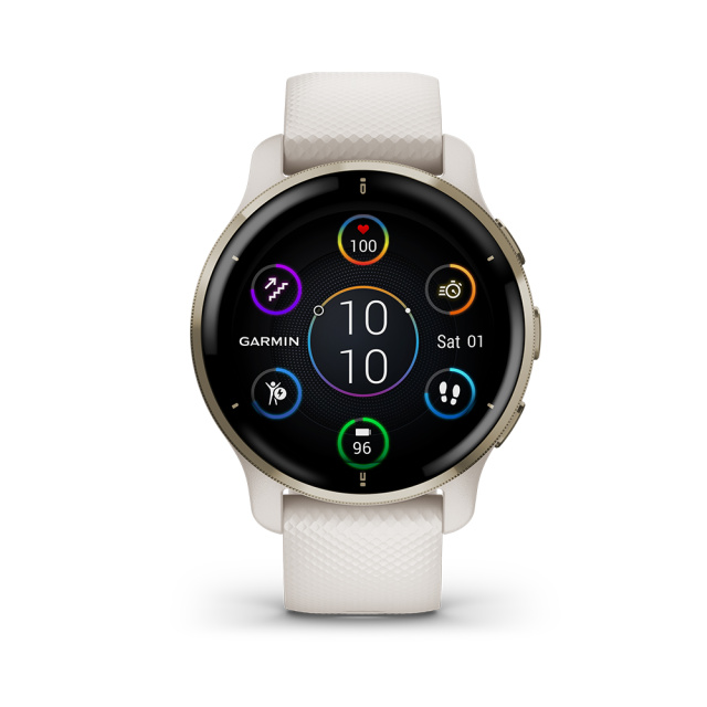 Garmin okosóra Venu 2 Plus elefántcsont krémarany kerettel, és elefántcsont színű szíjjal