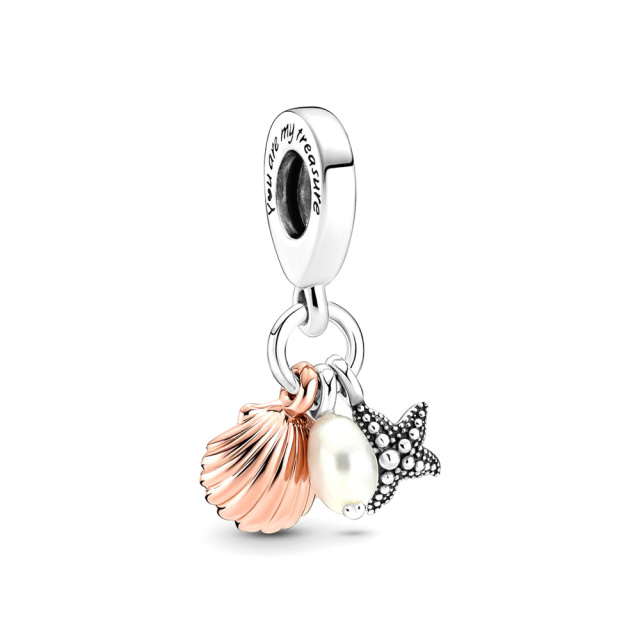 Pandora Moments Édesvízi tenyésztett gyöngy, tengeri csillag és kagyló tripla ezüst és rosé függő charm