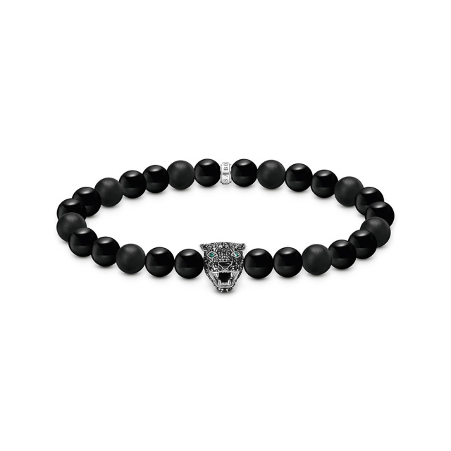Thomas Sabo karkötő obszidián gyöngyökből, középen fekete pavé macskafejjel