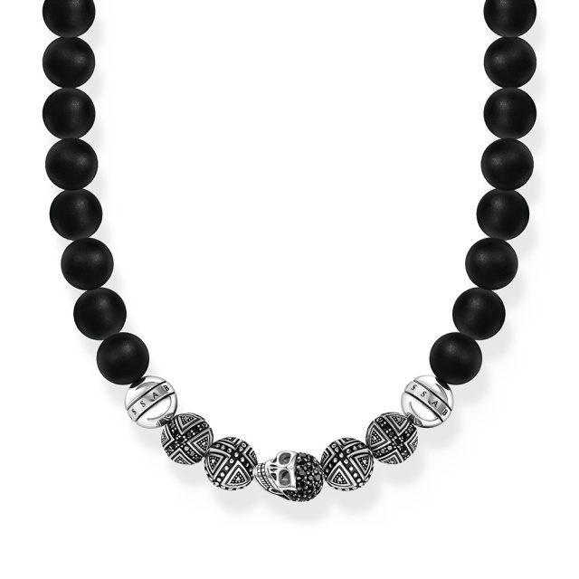 Thomas Sabo ezüst obszidián nyaklánc koponyával és ezüst keresztekkel
