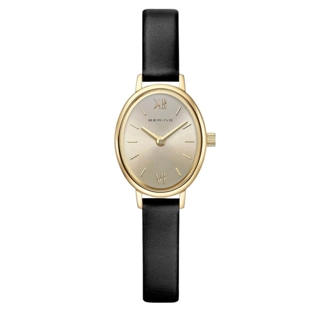 Bering Classic fekete bőrszíjas, sárga arany színű női karóra 11020-433