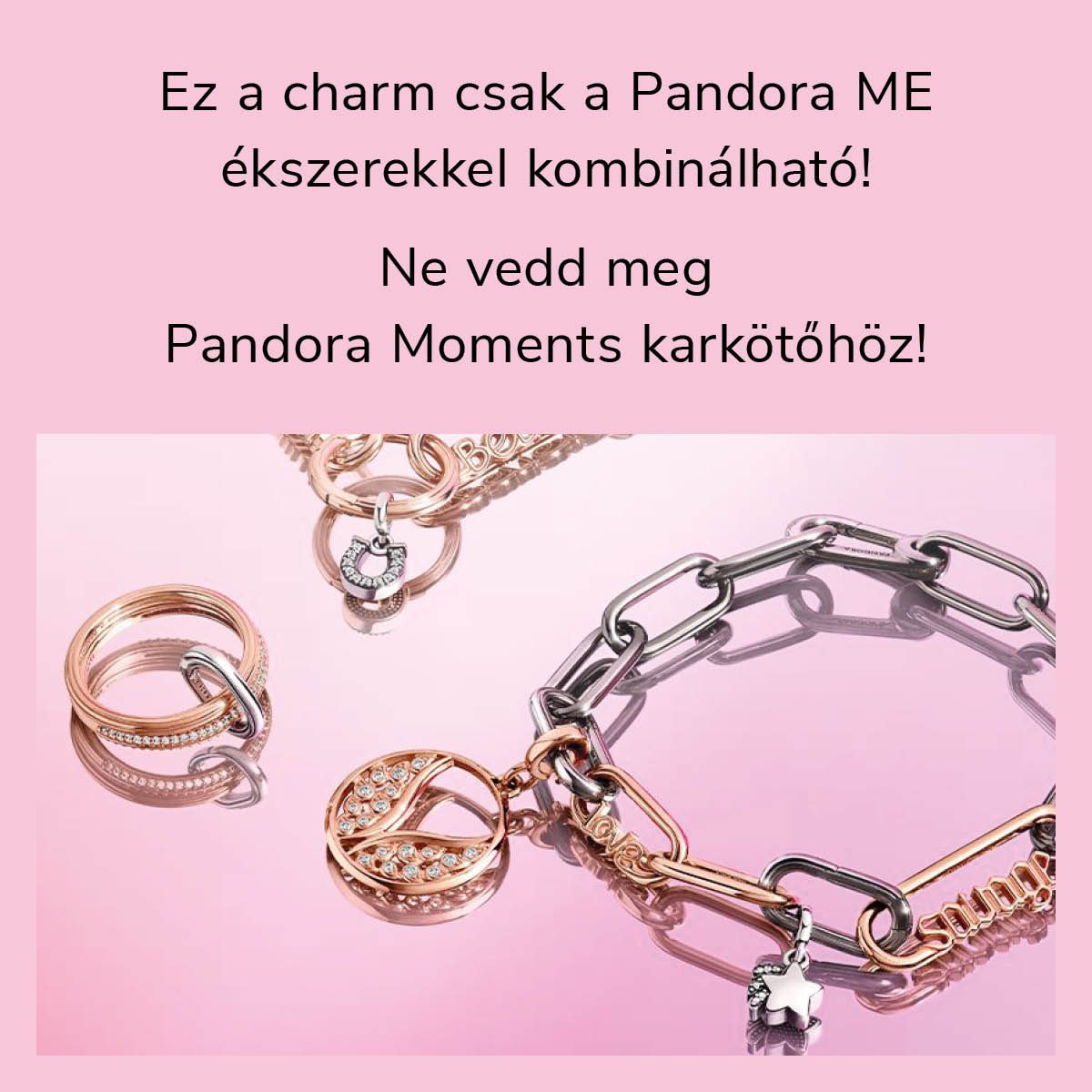 Pandora ME Peace feliratú láncszem rozé arany charm