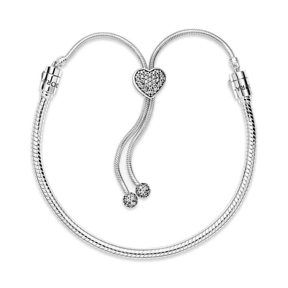 Pandora Moments Pavé szív kígyólánc ezüst karkötő, csúsztatható zárral