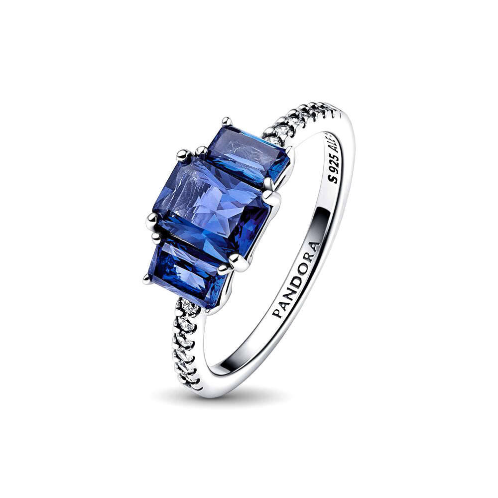 Pandora Kék négyszögletes háromköves szikrázó Ezüst Gyűrű
