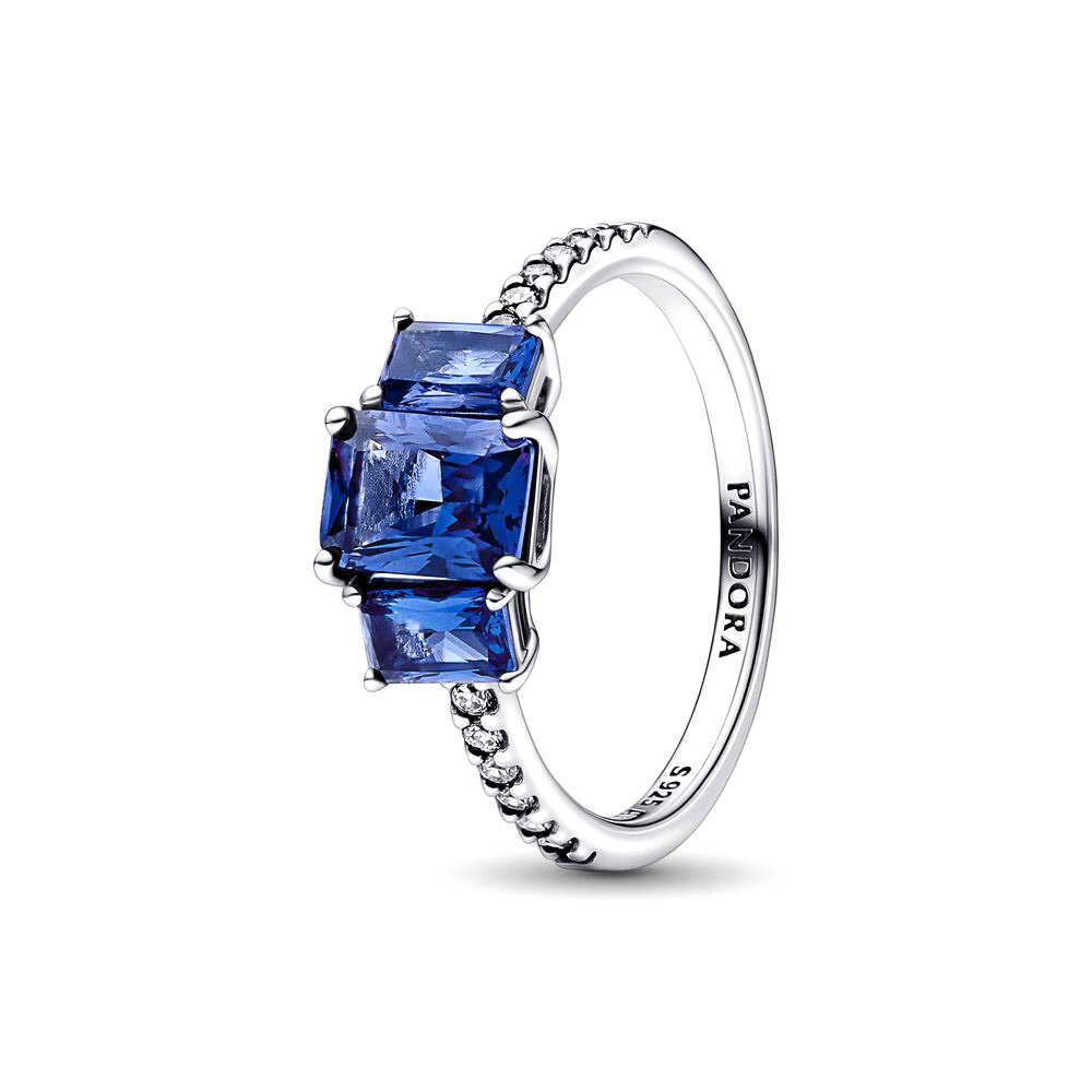 Pandora Kék négyszögletes háromköves szikrázó Ezüst Gyűrű
