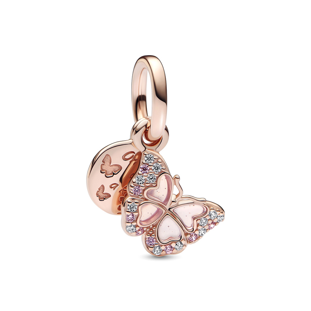 Pandora Moments Rózsaszín pillangó és idézet dupla függő Rozé arany Charm